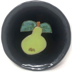 Rebecca Wood Studio GA Pottery Plate Black Glazed Hand Etched Pear Signed 7.5"